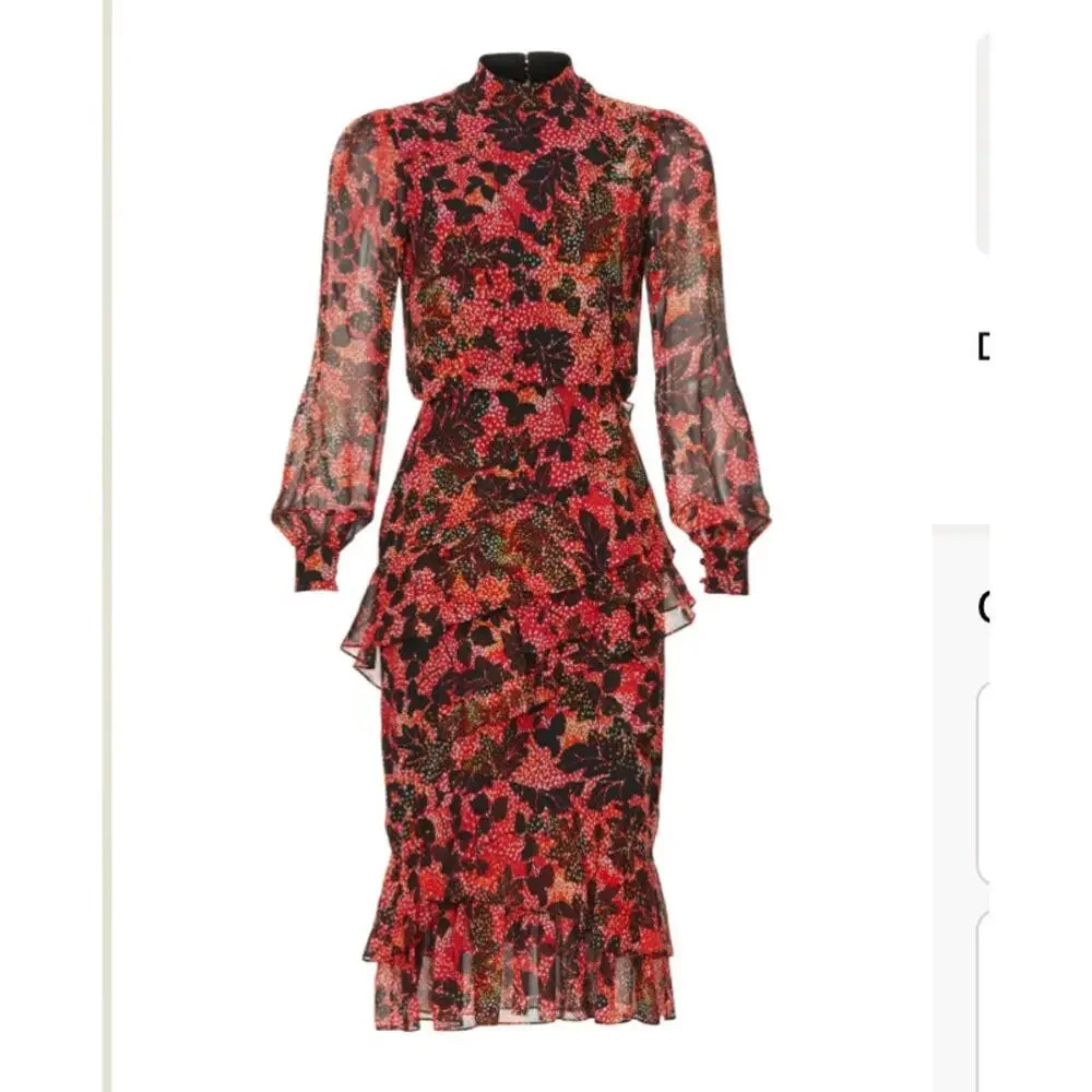 Saloni Floral Chiffon Midi Dress SIZE 4 Silk Ruffle Mockneck Work Designer $700 - Picture 9 of 12